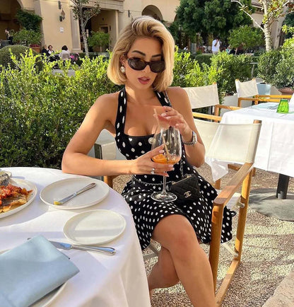 Mozision Halter Backless Polka Dot Dress For Women Fashion Square Collar Sleeveless High Waist A-line Knit Mini Dress Elegant