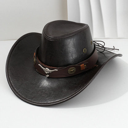 Unisex Vintage Faux Leather Western Cowboy Hat Outdoor Gentleman Cowgirl Jazz Cap Sombrero Hombre