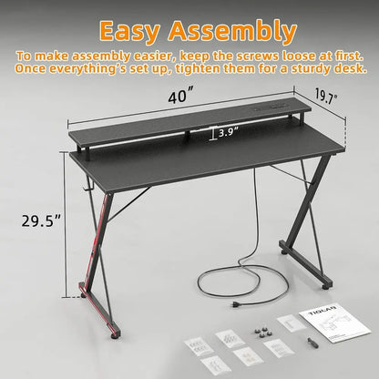 40 Ergonomic Carbon Fiber Gaming Desk with LED, Power Outlets, and Monitor Stand for PC Workstation or Bedroom