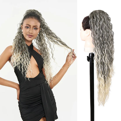 Julianna Synthetic Kanekalon Black Drawstring Water Wave Ponytail Extension Female Curly Wavy Clip In Ponytail Hair Extension