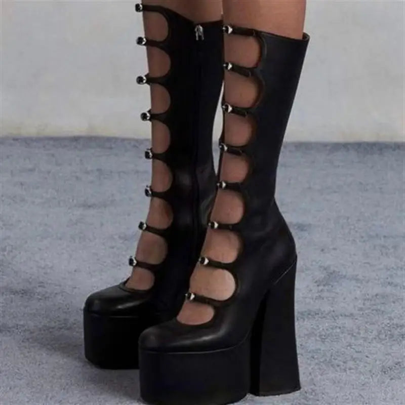 Women's Autumn Thick Bottom Hollow Knee High Boots Side Zipper Square Heel Pole Dance Female Sexy Shoes Super High Heel Platform - Kimlud