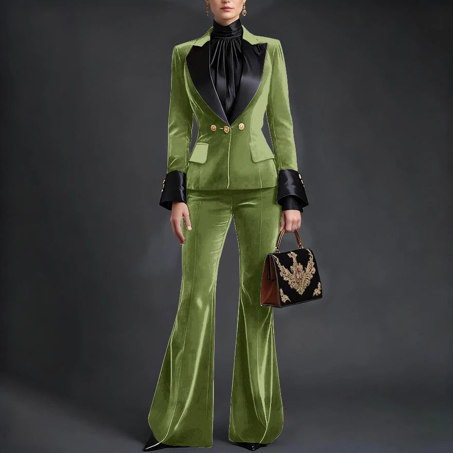 Luxury Velvet Women's Burgundy Suits Three Buttons 2-Piece Set Vintage Satin Peaked Lapel Blazer Flared Pants Evening Outfit