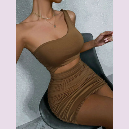 Sexy One Shoulde Backless Bodycon Mini Dress Women's Waist Hollow Out Tight Pleated Wrapping Skirt 2023 New Style