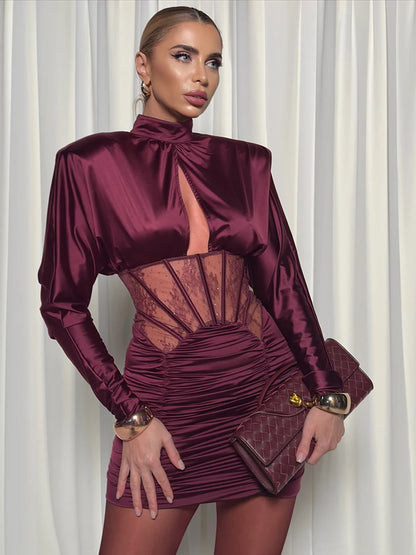 VC Elegant Burgundy Satin Mini Dress with Lace Corset Detail Long Sleeve High Neck Ruched Party Dress for Evening Events & Prom
