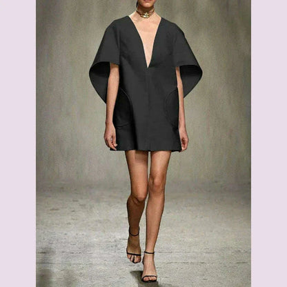 Yeezzi Fashion Black White Color Short Dress For Women 2024 New Spring Deep V-neck Half Sleeves Loose Prom Party Mini Dresses