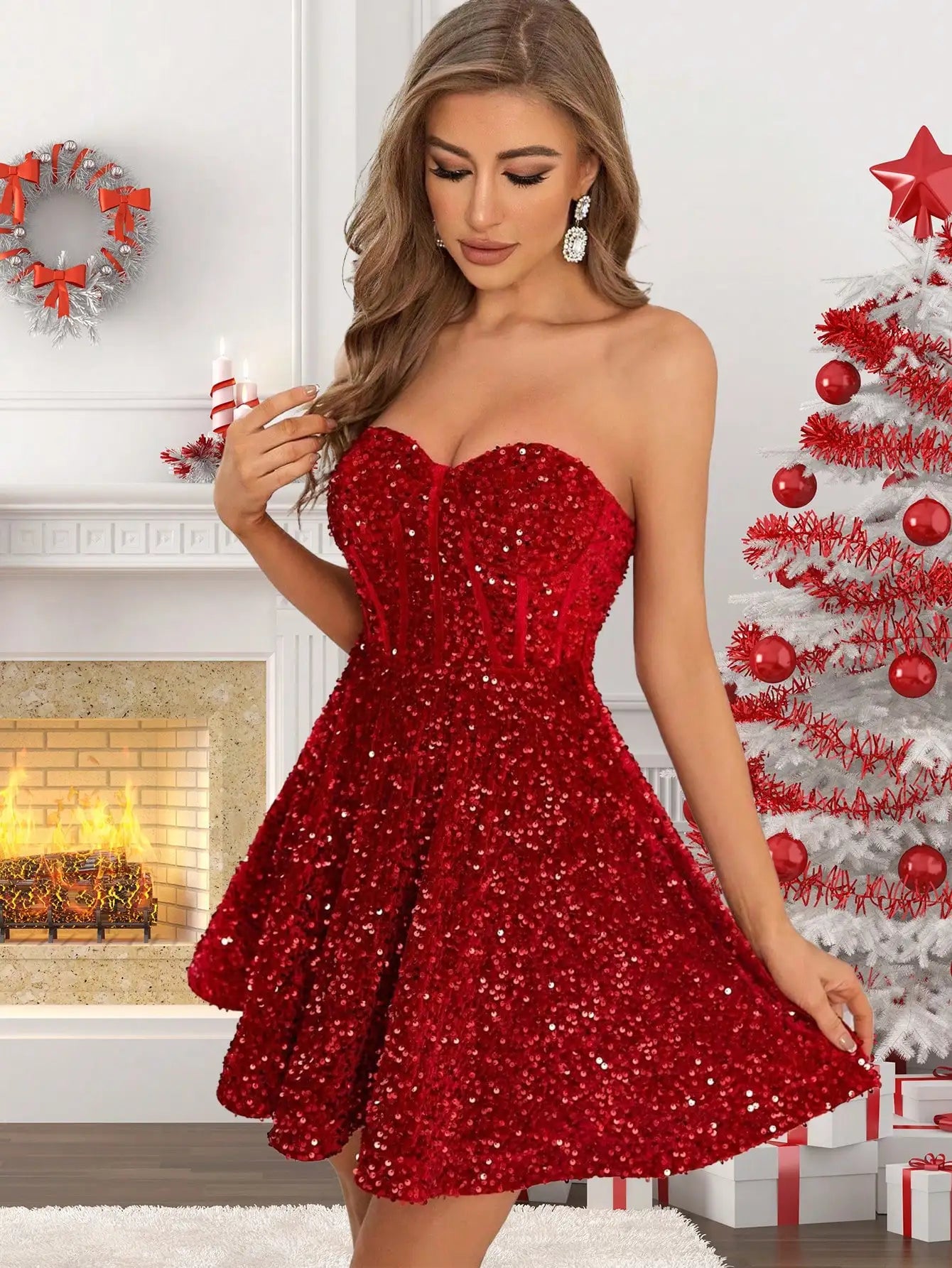 Elegant off-the-shoulder mini dress for women sexy party dress red strapless sequins Summer 2025 women's evening dress