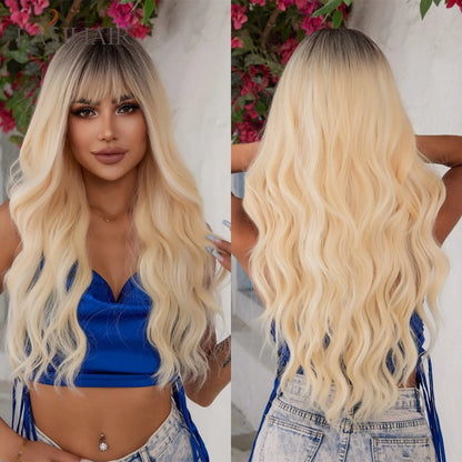EASIHAIR Sandy Blonde Golden Wavy Synthetic Wigs with Long Bangs Cosplay Lolita Party Hair Wigs for Women Natural Heat Resistant