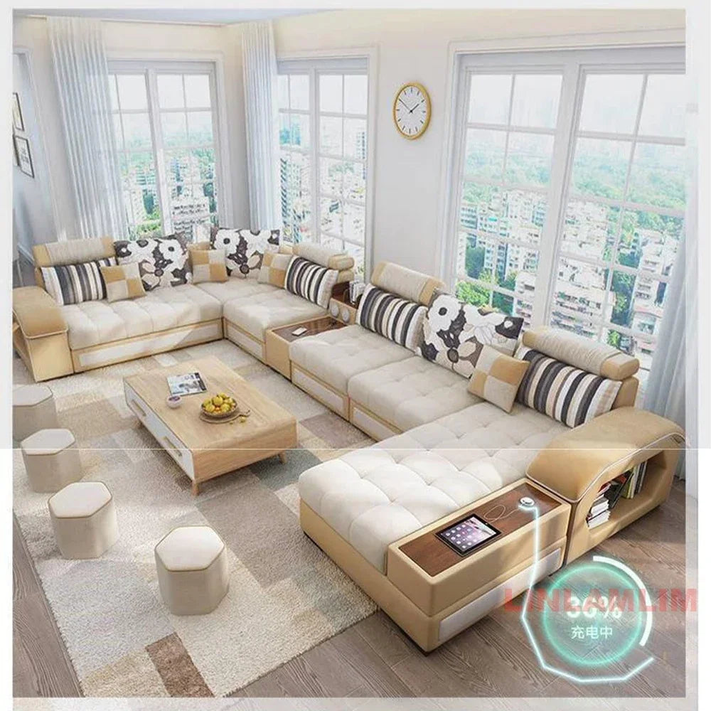 Linlamlim U-Shaped Sectional Fabric Sofa Set - Modern Living Room Furniture with Storage, Built-in Side Table, USB, and...