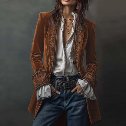 Ethnic Retro Floral Print Velvet Woman Blazer Jacket Sexy Notched Collar Slim Autumn Outerwear Long Sleeve Winter Cardigans Coat