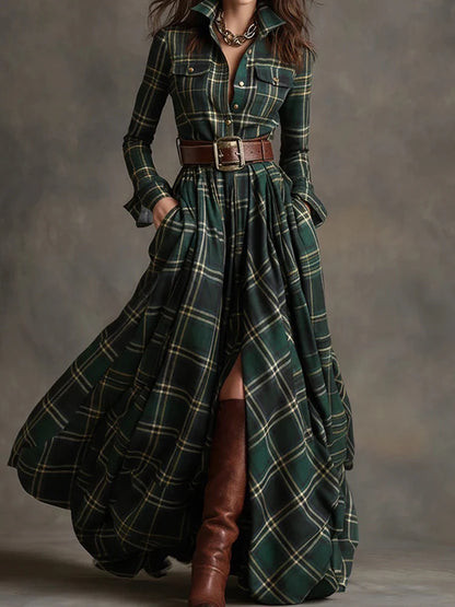 2025 Turn-Down Collar Patchwork Party Dress, Women Spring Autumn Long Sleeve Chic Maxi Dress, Plaid Printed Loose Cardigan Dress