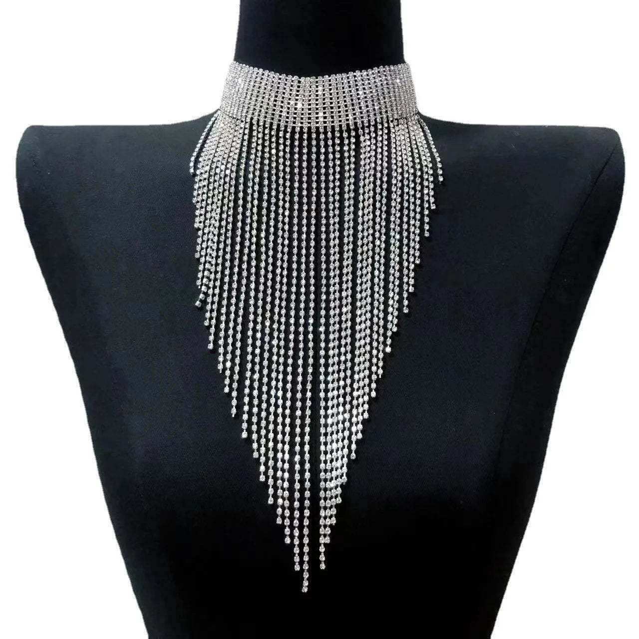 Fashionable and elegant women's long tassel necklace luxurious rhinestone necklace jewelry party evening dress accessories neckl