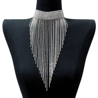 Fashionable and elegant women's long tassel necklace luxurious rhinestone necklace jewelry party evening dress accessories neckl