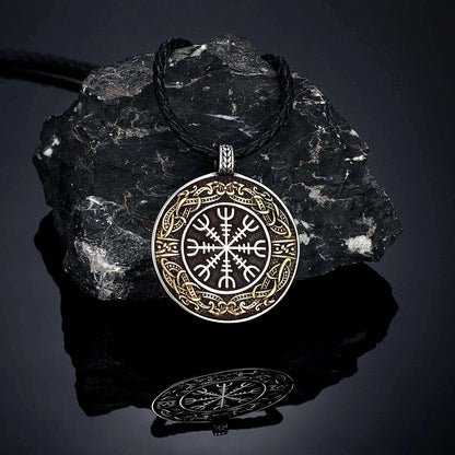 Vintage Ouroboros Vikings Rune Compass Necklace Men Norse Amulet Stainless Steel Pendant Genuine Leather Chain Icelandic Jewelry