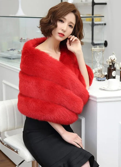 Faux Fur Fox Women Coats Shawl Cloak Coat Thick Open Stitch Elegant Maxi Warm Wedding Work Thick Outerwear Autumn Winter