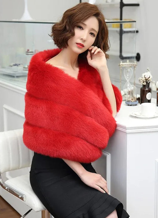 Faux Fur Fox Women Coats Shawl Cloak Coat Thick Open Stitch Elegant Maxi Warm Wedding Work Thick Outerwear Autumn Winter