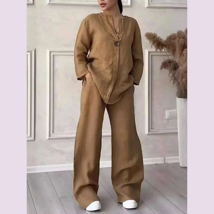 Casual Solid Color Pullover Long Pants 2-piece Set Women's Cotton and Linen Pants Suit White Pink