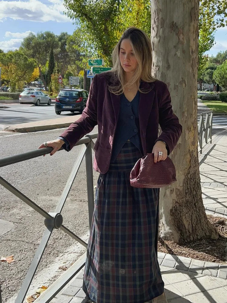 Casual V-neck Checkered Lace Up Suit Women Fashion Long Lantern Sleeves Single-breasted Slim Set 2025 Lady Commute street Outfit