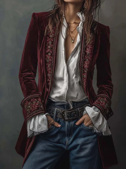 Autumn Causal Long Sleeve Women's Outercoat Winter Elegant Patchwork Lace Velvet Slim Coat Vintage Pattern Print Cardigan Jacket