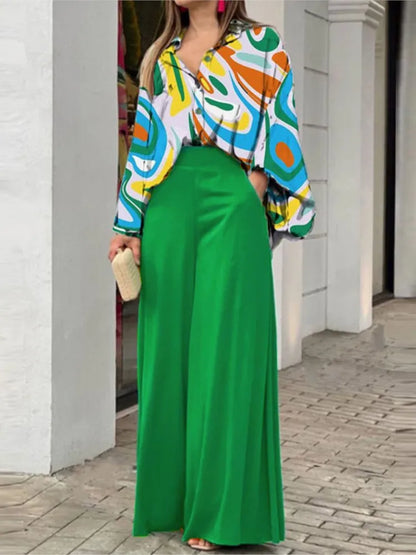 Fashion Print Set Women Casual Long Sleeve Button Shirt+Pockets High Waist Wide Leg Pants Office 2 Piece Sets Lady Spring Summer
