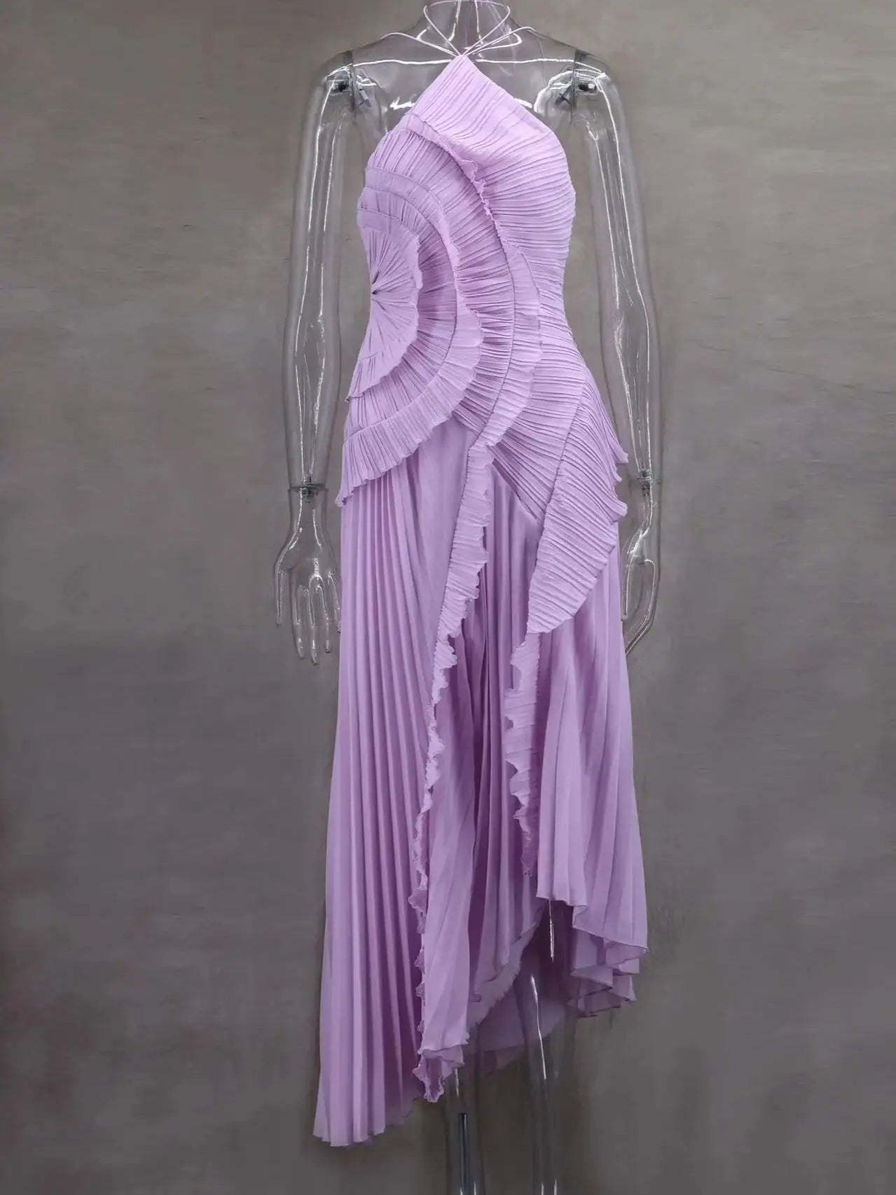 Chiffon Pleated Patchwork Sleeveless Summer Dress Women Elegant Halter Backless Split Maxi Dress Ladies Party Evening Dress 2025