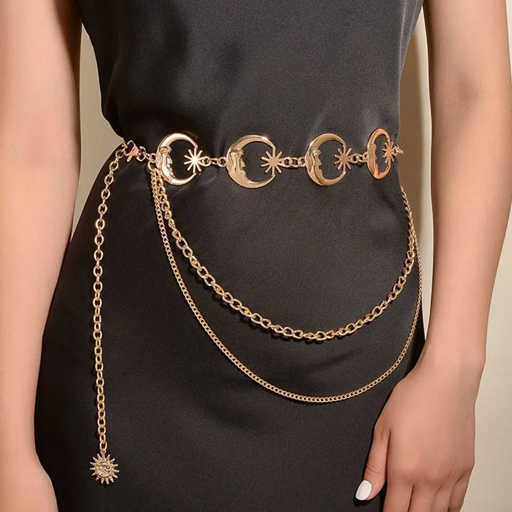 Punk Hip Hop Style Thin Waist Chain Sun Moon Star Women Chain Belt Vintage Fashion Metal Alloy Waistband Clothing...