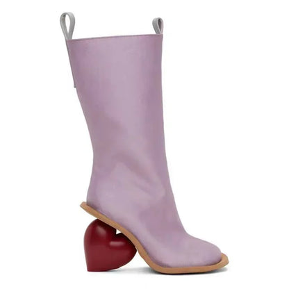 New Retro Sexy Round Toe Peach Heart Heel Side Zipper Knee High Boots European American Fashion Show Color Blocked Women's Boots