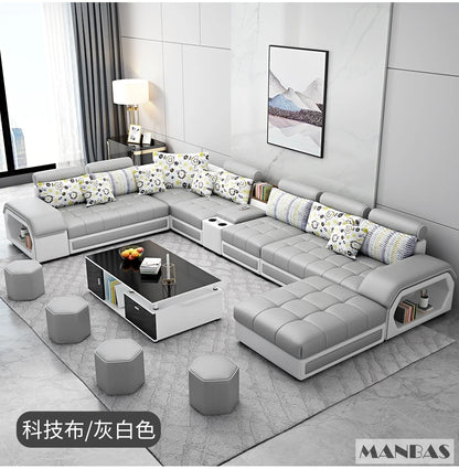 MINGDIBAO Fabric Sofa Set Furniture Living Room Sofa Set with USB and Stools / Big U Shape Cloth Couch Sofas for Home...