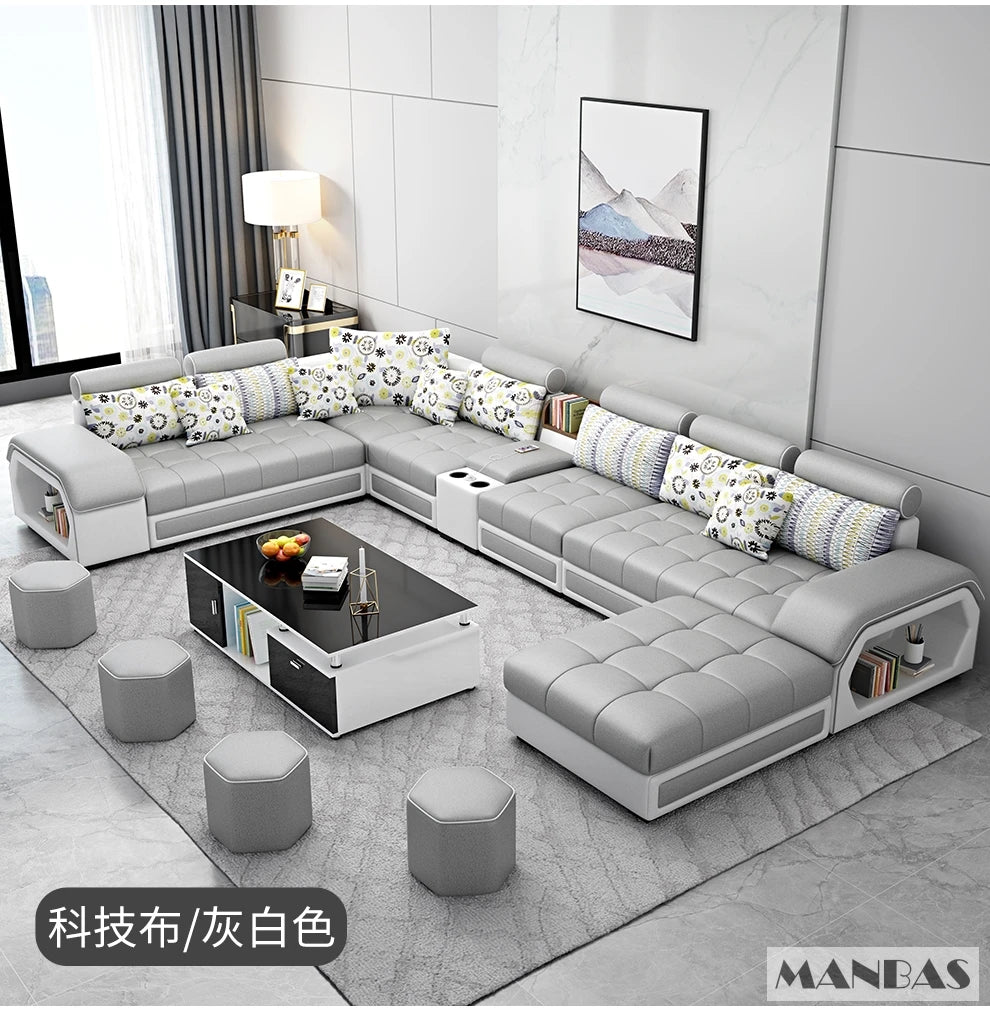 MINGDIBAO Fabric Sofa Set Furniture Living Room Sofa Set with USB and Stools / Big U Shape Cloth Couch Sofas for Home...
