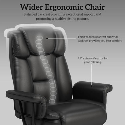 Big and Tall Office Chair 400LBS, 160° High Back Reclining Office Desk Chair with Wide Seat, Arms, Footrest, Black - Kimlud
