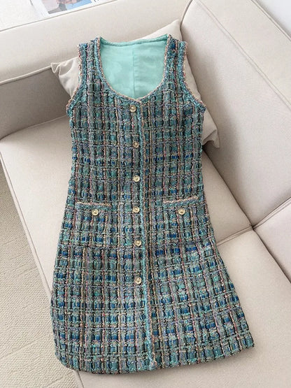 2025 New French Lady Blue Green Tweed round Neck Single Button Small Fragrance Style Jacket Vest Dress Set Casual Suit