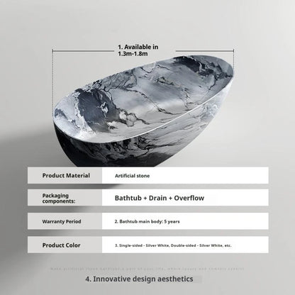 Luxury marble-patterned freestanding bathtub, oval-shaped artificial stone soaking tub, suitable for hotels and villas.