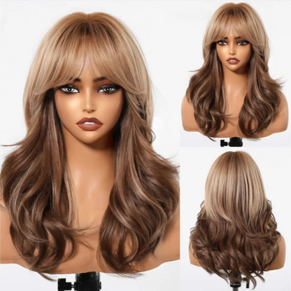Golden Blonde Mixed Synthetic Wig Dark Root Wavy Hair With Side Bangs for Women Daily Party Cosplay wig Heat Resistant Fiber