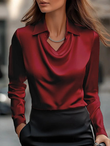 Elegant Women's Satin Shirt Blouse New Print V-neck Swing Neck Long-sleeved Solid Color Loose Shirt Casual Top Office Ladies