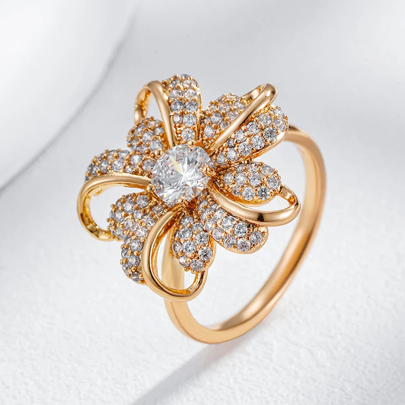 Kinel Hot 585 Rose Gold Color Big Crystal Flower Rings for Women Full Shiny Natural Zircon Accessories Modern Daily Fine Jewelry