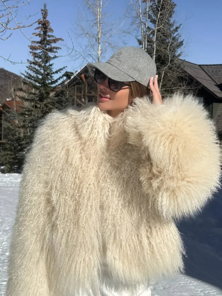 Casual Creamy-white Thick Faux Fur Short Coat Women Long Sleeve Turn Down Collar Warm Soft Jacket Female Winter Daily Outerwear