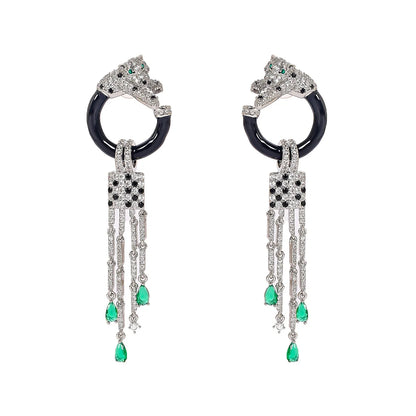 Women New openwork Earrings 925 Silver Needle Leopard Head Tassel inset Zircon