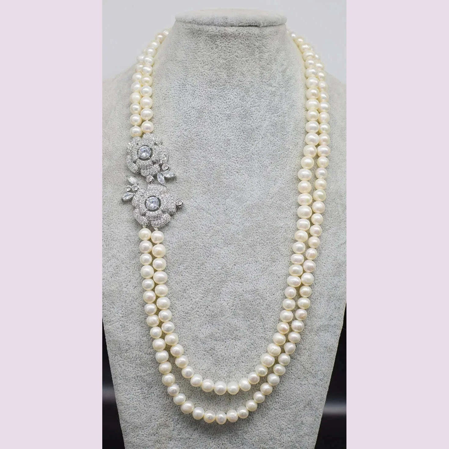 2ROWS freshwater pearl WHITE/GRAY ROUND 8-9MM necklace 24-26" FPPJ wholesale for woman gift