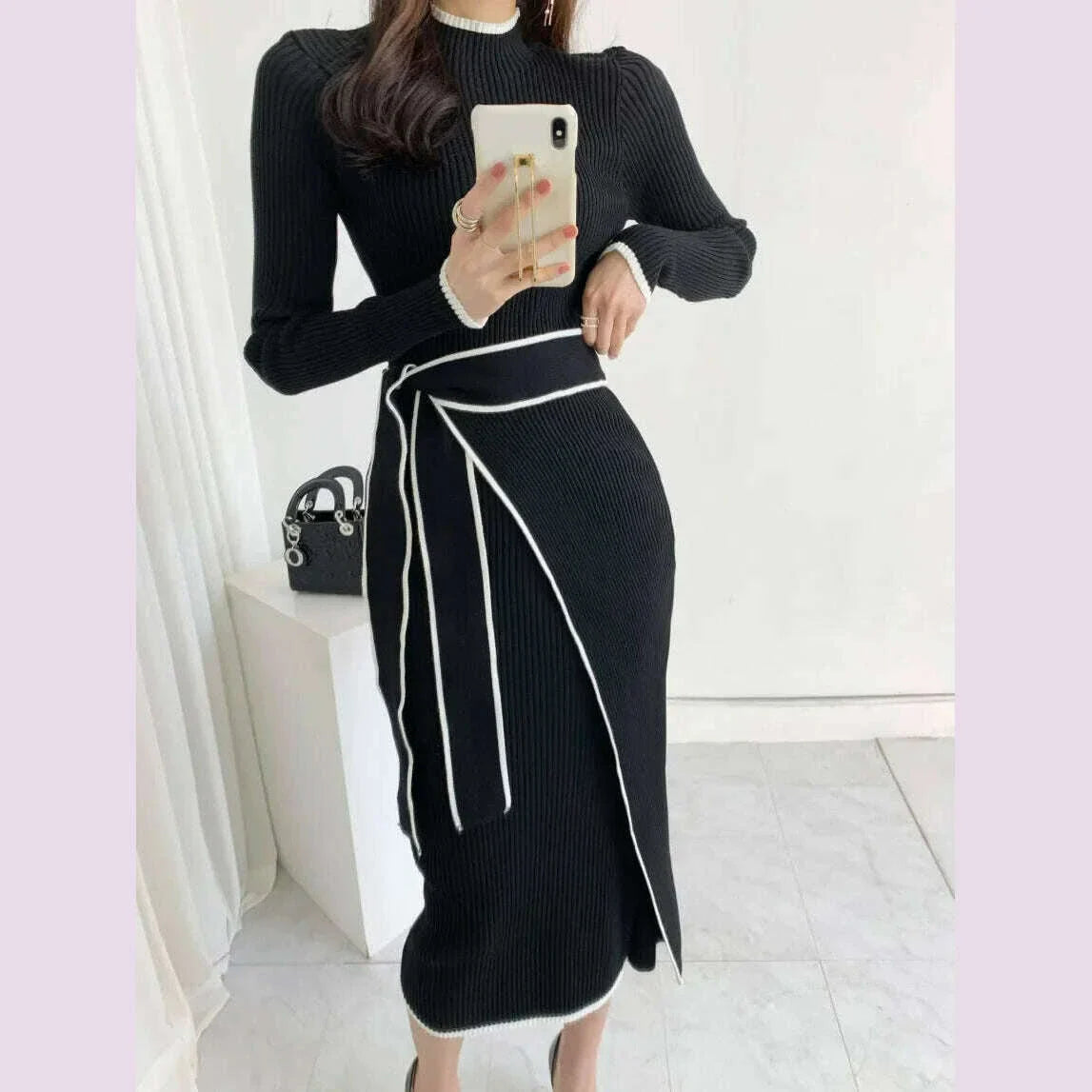 New Retro Knitted Bodycon Dress Women Korean Fashion Autumn Winter Half High Collar Lace Up Elegant Sweater Dresses Vestidos