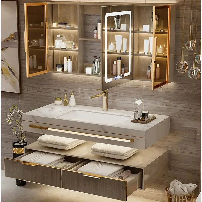 Modern Slate Bathroom Cabinet with Smart Mirror Ceramic Double Washbasin Bathroom Vanity Cabinets Under Sink Bathroom Furniture - Kimlud