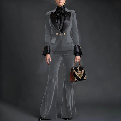 Luxury Velvet Women's Burgundy Suits Three Buttons 2-Piece Set Vintage Satin Peaked Lapel Blazer Flared Pants Evening Outfit