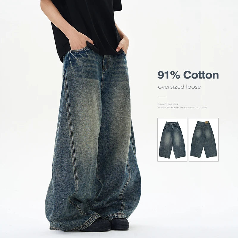 Baggy Wide-leg Jeans Men's Oversized Streetwear Vintage Washing Y2K Denim Pants Spliced Autumn Fashion Loose Man Trousers