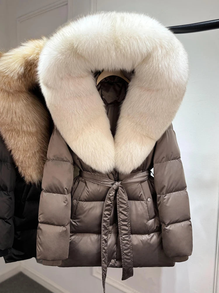 2025 New Natural Thick Warm 90% White Goose Down Coat Long Winter Jacket Women Real Big Fox Fur Collar Belt Loose Puffer Parka