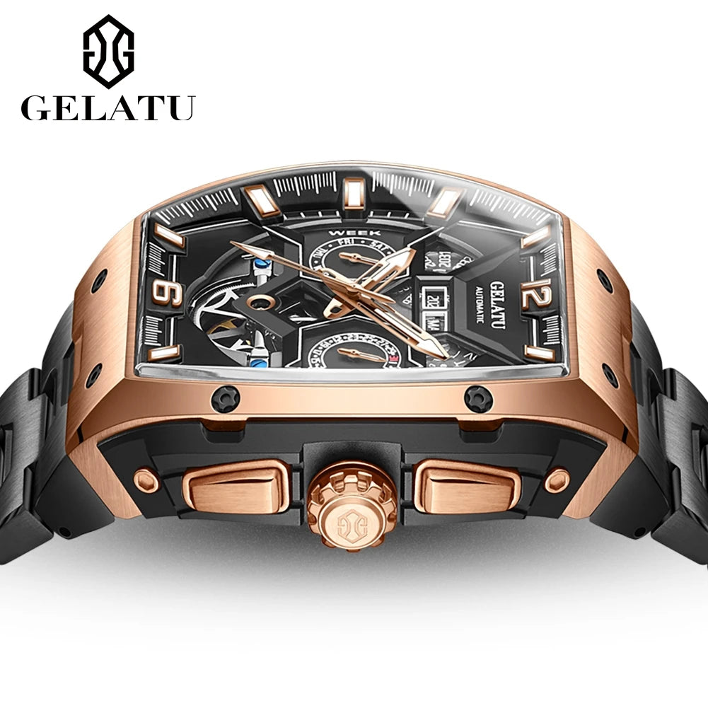 Reloj Hombre Watches Mens GELATU Top Brand Luxury Rose Black Skeleton Tourbillon Automatic Mechanical Watch for Men...