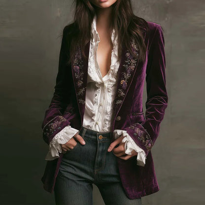 Ethnic Retro Floral Print Velvet Woman Blazer Jacket Sexy Notched Collar Slim Autumn Outerwear Long Sleeve Winter Cardigans Coat