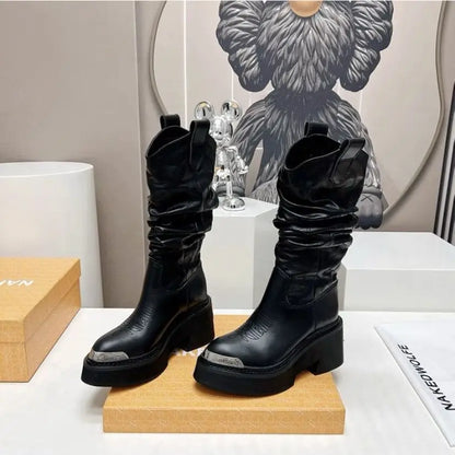 women heightened same thick-soled knight western cowboy 2026 temperament elastic stacking boots - Kimlud