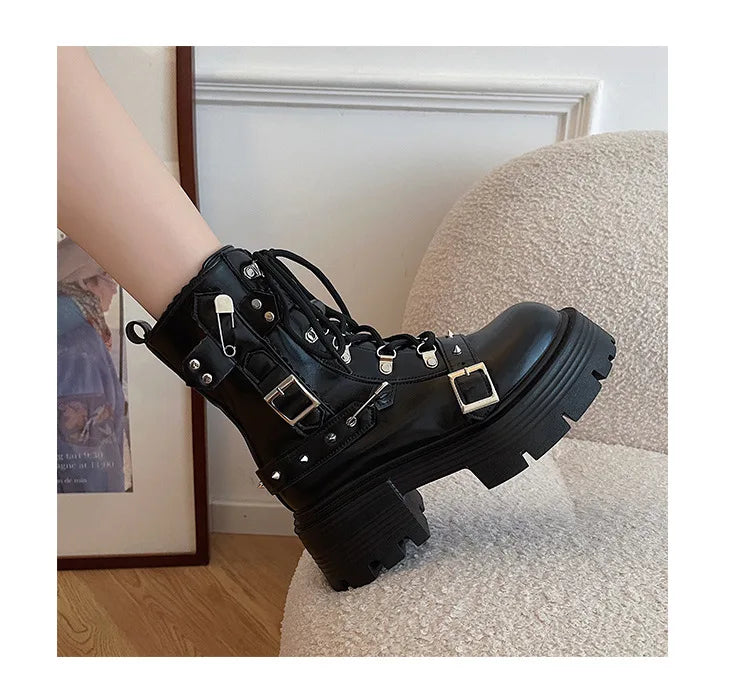 2024 NEW Punk Style Women Boots Lace-up heel height Platform Shoes Woman Gothic Ankle Rock Boots Metal Decor Woman Sneakers