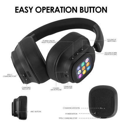 Siindoo NEWEST ANC930Plus Hybrid ANC Wireless Headphone, With Multi Magnetic Touch Control LED Screen AND APP Download 1GB MP3