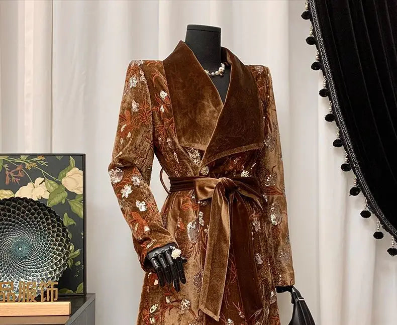 Luxury Design Women's Clothing Lapel Trench Coat Belt Sequin Embroidery Long Trench Coat High Quality Vintage Harajuku Outerwear