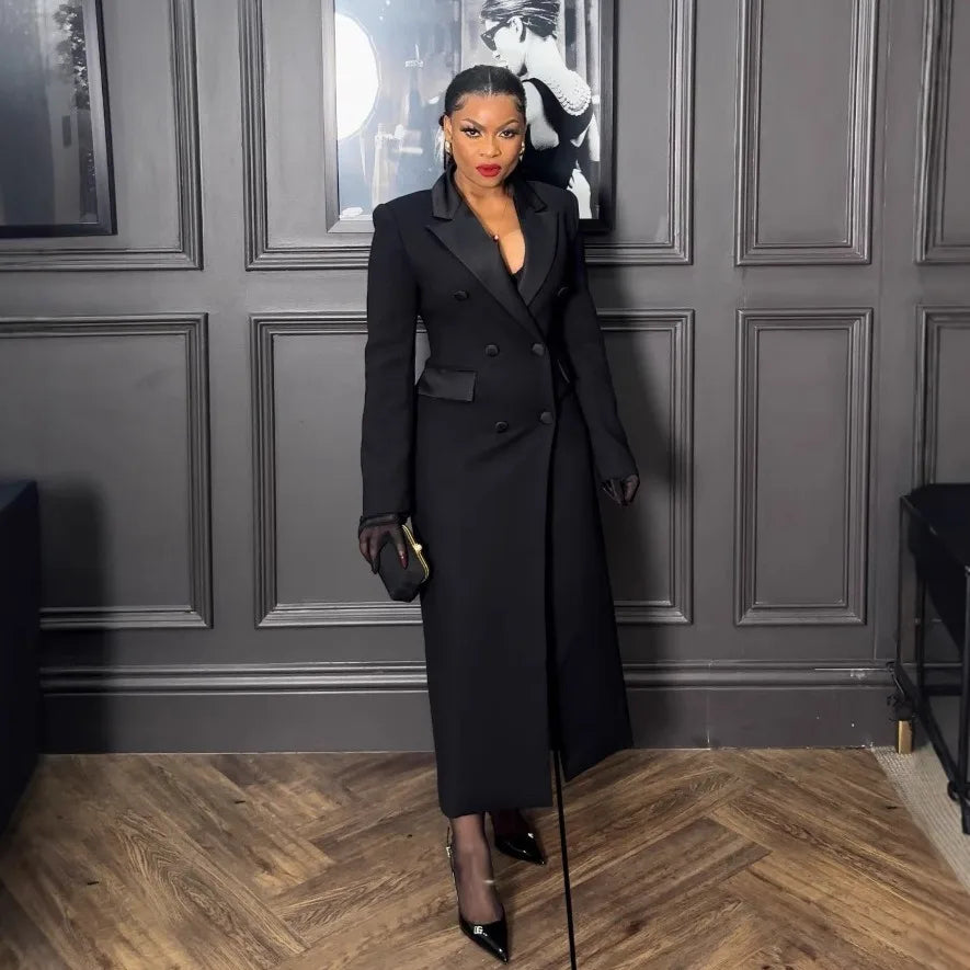 Elegant Black Long Dress with Notched Double Breasted Design Slim Fit Suitable for Formal Occasions Evening Outings Outerwear