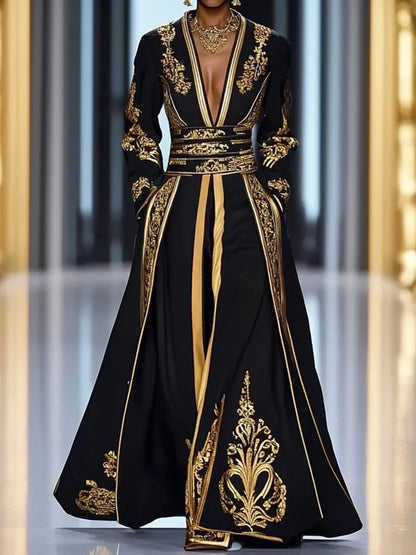 Retro Patchwork Printing Fashion Maxi Dress, Women Autumn Long Sleeve Chic Party Dress, 2025 V Neck Vintage Loose Ladies Dresses